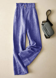 Elegant Blue High Waist Button Linen Straigh Pants Summer