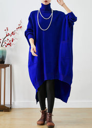 Purple Oversized Knit Sweater Dress Turtle Neck Asymmetrical Batwing Sleeve