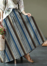 Women Brown and red stripes Ramie Elastic Waist Skirt