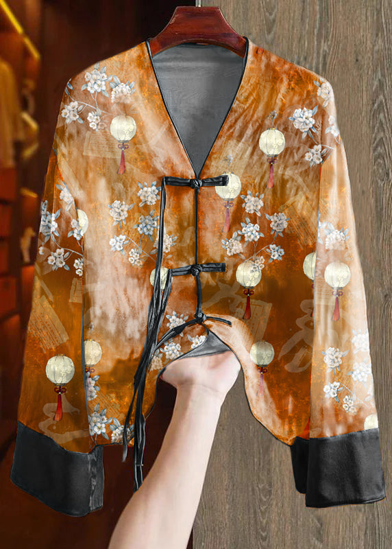 Loose Orange flower V Neck Embroidered Button Silk Shirts Spring