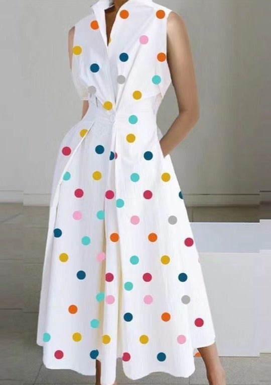 2024 White-small dots Peter Pan Collar Pockets Cotton Dress Long Sleeve