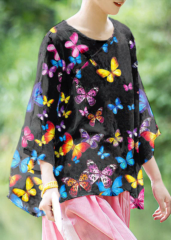 Natural Black butterfly O Neck Print Chinese Button Linen Shirt Summer