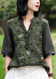 Unique Pure Green V Neck Embroidered Patchwork Linen T Shirts Half Sleeve