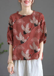 Modern crane pattern Regular Embroideried Summer Floral Half Sleeve