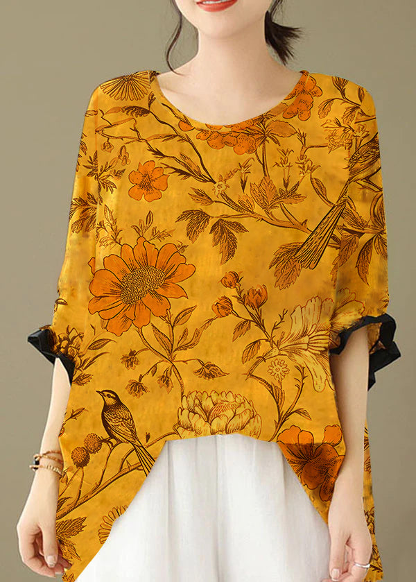 Yellow Print Patchwork Cotton Loose Tops O Neck Summer