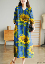 Blue Print10 Loose Linen Long Dresses Button Solid Half Sleeve