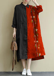 black bamboo Linen Shirt Dress Casual Oversize Spring Maxi Dresses