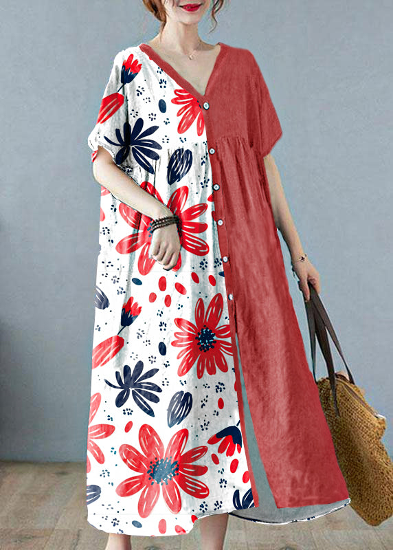 Plus Size Grey Retro Button Summer Print Half Sleeve Maxi Dress