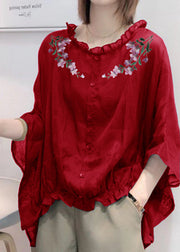 Art Red-flowers Tops Ruffles Trim Half Sleeve Shirts Blouse Plus Size