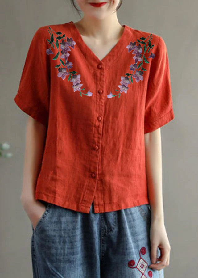 Loose Pink V Neck Embroideried Floral Summer Linen Shirt