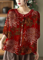 Simple Red O Neck Patchwork Print Linen Shirt Tops Half Sleeve