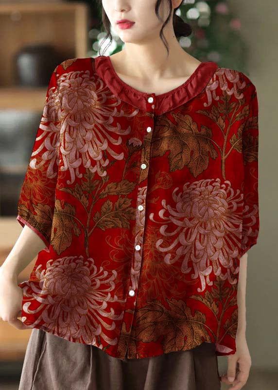 Simple Black O Neck Patchwork Print Linen Shirt Tops Half Sleeve