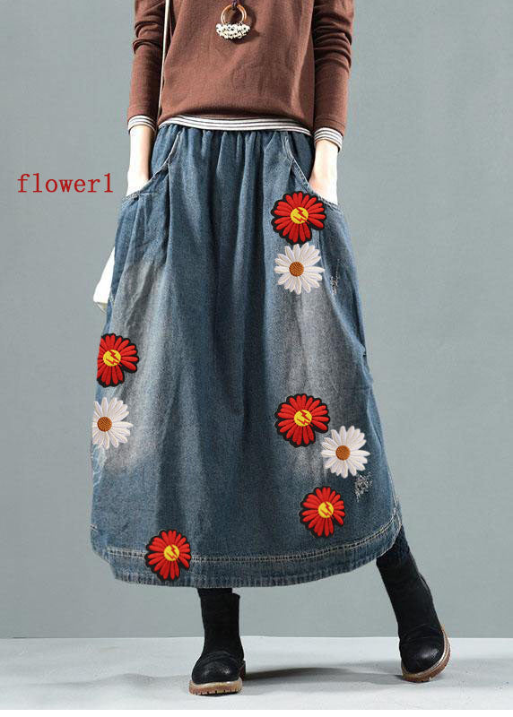 Blue-green flower Pockets Retro Patchwork Summer Skirts Denim