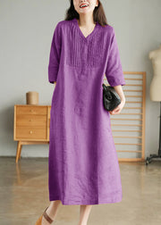 Orange Loose Linen Long Dresses Button Solid Half Sleeve