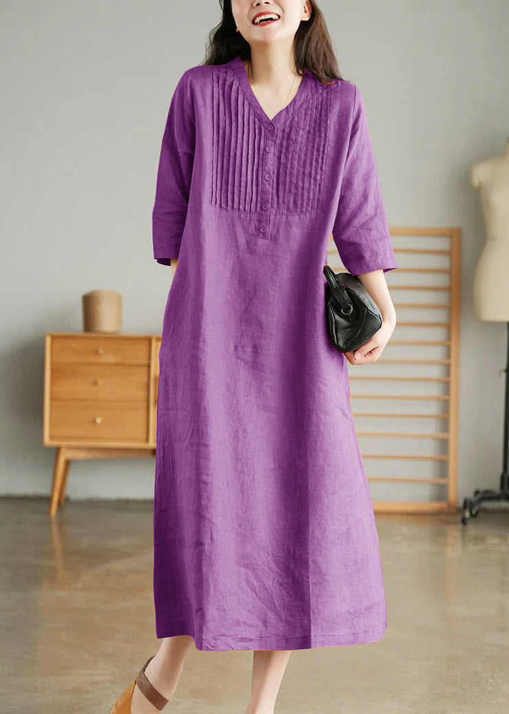 Blue Print10 Loose Linen Long Dresses Button Solid Half Sleeve