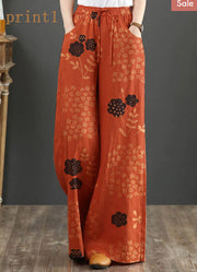 Orange-print3 Elastic Waist Linen Straight Pants Solid Color Drawstring Summer