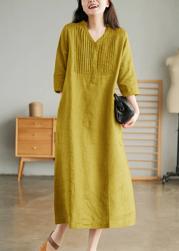 Orange Loose Linen Long Dresses Button Solid Half Sleeve