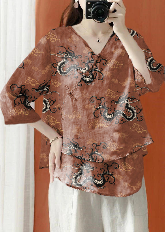 Beautiful Color Asymmetrical Print Linen Blouses Half Sleeve