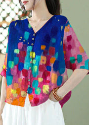 Bohemian color Print Slim Fit Linen Shirt Top Half Sleeve