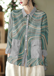 Cute Blue Geometry Peter Pan Collar Patchwork Solid Button Low High Design Linen Shirt Long Sleeve