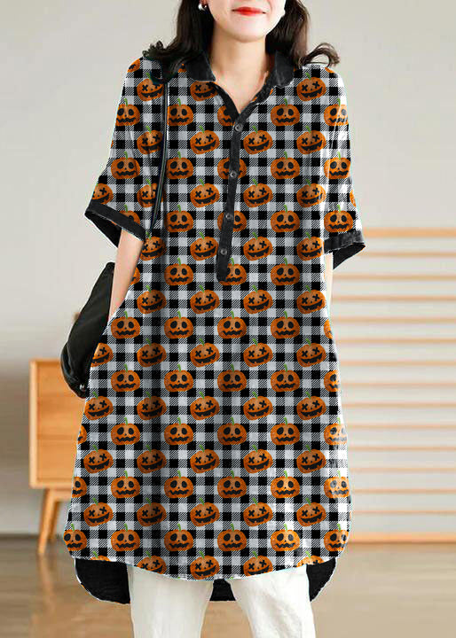 Jade black-pumpkin stripes polka dots Linen Women Casual Linen Shirt Dress