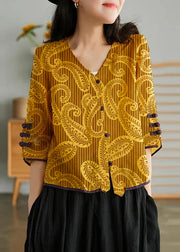 Women Yellow-striped pattern Casual Ramie Cardigan Embroidered Shirt