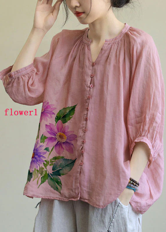 Italian Pink-purple flower V Neck Button Loose Fall Half Sleeve Blouse Top