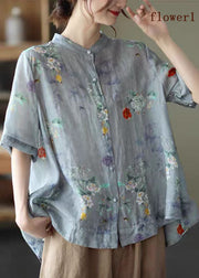 Elegant Blue- flower2 Stand Collar Print Tops Half Sleeve