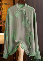 Beautiful Green Mandarin Collar Button Print Silk Shirt Top Spring