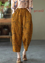 Natural Brown-brown flower Elastic Waist Summer Linen Harem Pants