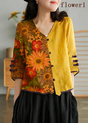 Women Yellow-striped pattern Casual Ramie Cardigan Embroidered Shirt