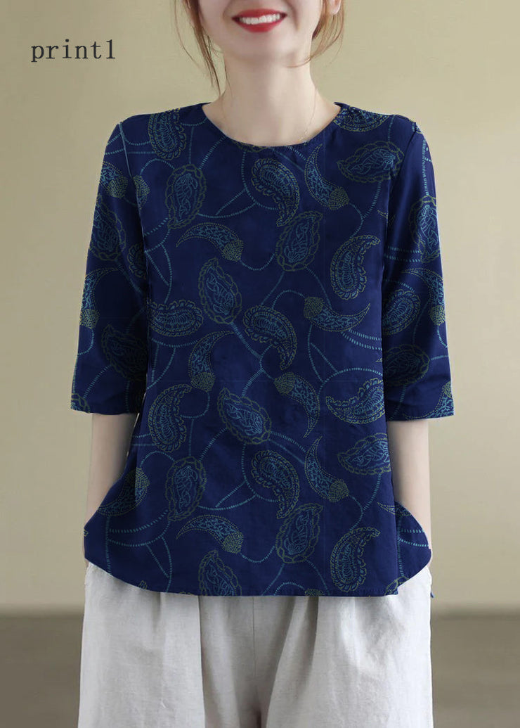 French Print2 O-Neck Embroideried Cotton Blouses Half Sleeve