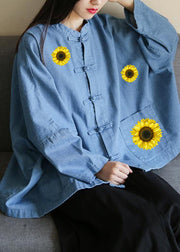 Loose stand collar Chinese Button clothes For Women Sleeve denim light blue-little flower shirts