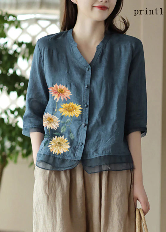 Casual Blue V Neck Embroideried Solid Ramie Shirt Half Sleeve