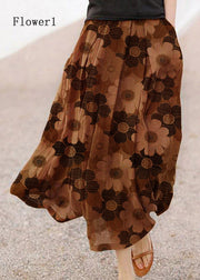 Retro Chocolate-Flower2 Print Pockets Linen Skirt Summer