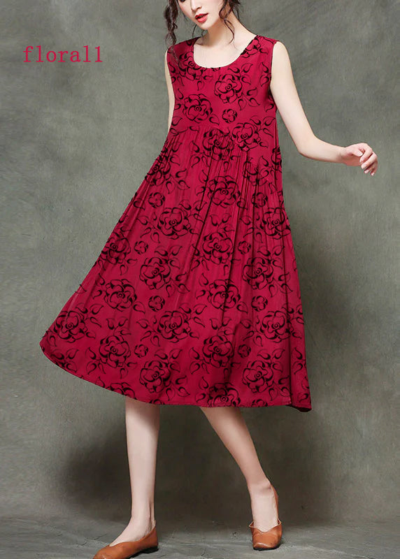 Casual Wine Red-floral patchwork1 O-Neck Wrinkled Long Dresses Sleeveless