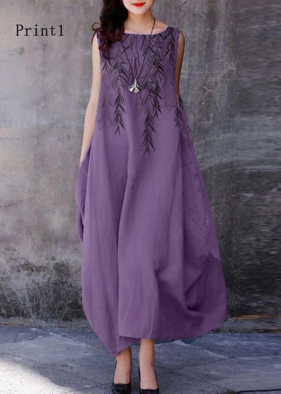 Bohemian Purple O-Neck Exra Large Hem Cotton Dresses Sleeveless