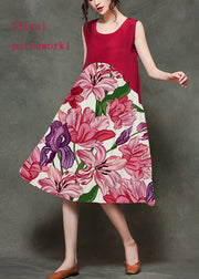 Casual Wine Red-floral3 O-Neck Wrinkled Long Dresses Sleeveless