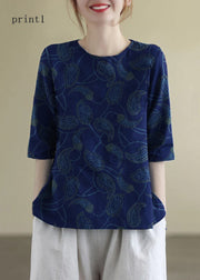 French Print4 O-Neck Embroideried Cotton Blouses Half Sleeve