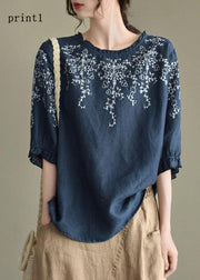 Handmade Navy-print3  lantern Sleeve O-Neck Embroideried Summer Ramie Blouses