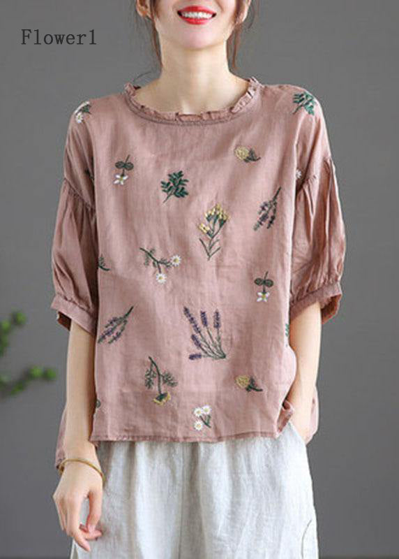 Modern crane pattern Regular Embroideried Summer Floral Half Sleeve