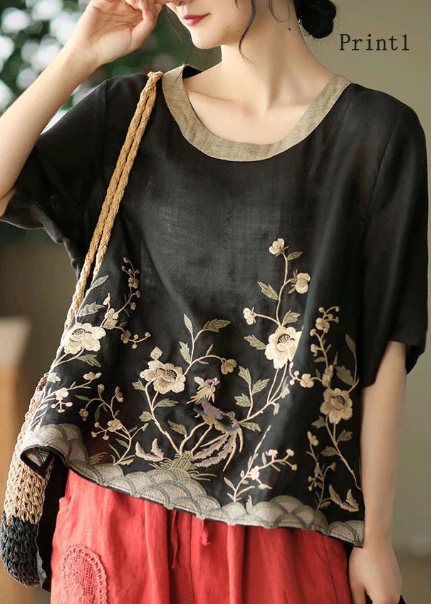 Organic Black-Print2  Embroideried Low High Design Linen Tanks Short Sleeve