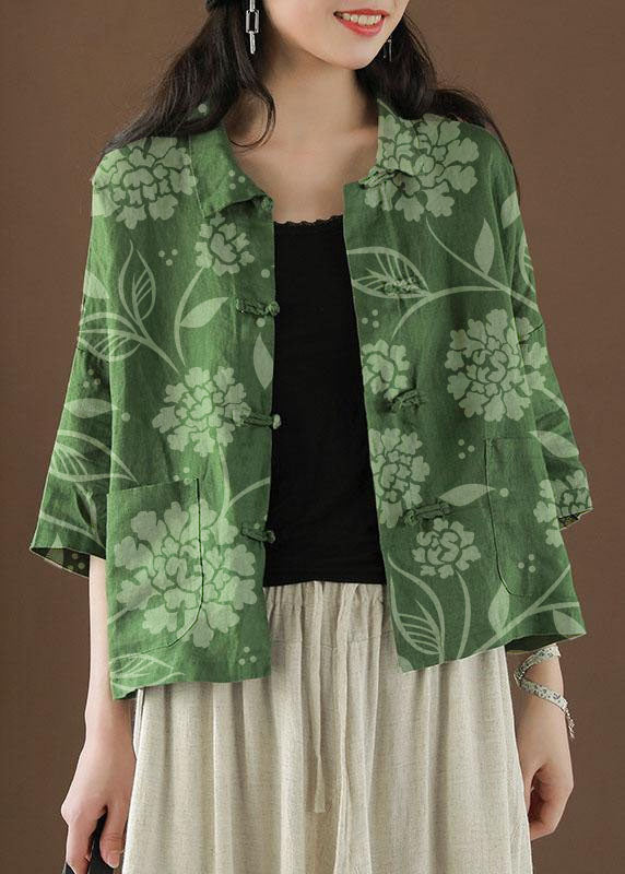 Beautiful Green-animal Peter Pan Collar Pockets Summer Linen top