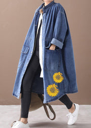 French denim blue-lace Plus Size box coat Shape stand collar drawstring coat