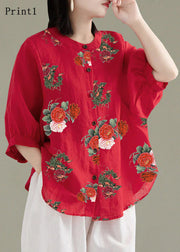 Art Red O-Neck Button Leinen Loose Shirt Top Laternenärmel