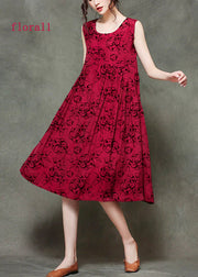 Casual Wine Red O-Neck Wrinkled Long Dresses Sleeveless