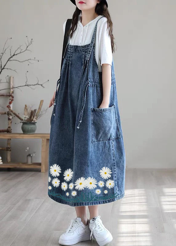 Plus Size Blue-white flower drawstring pocket Spaghetti Strap Cotton denim Dress Spring