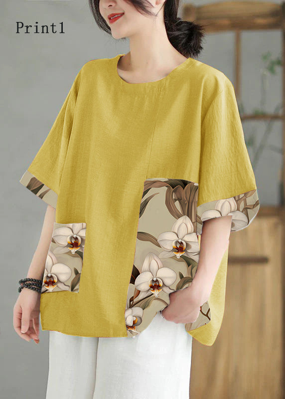 Women Orange O Neck Print Patchwork Linen T Shirt Top Summer