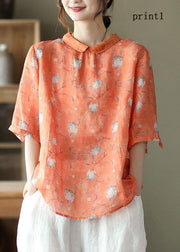 DIY Orange Print3  Ramie Half Sleeve Shirt Summer