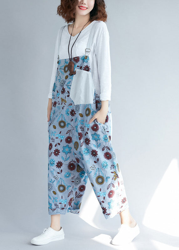 Casual light Grey pockets Patchwork Floral denim Jumpsuits